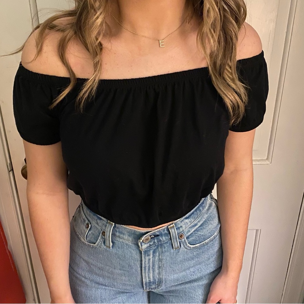 Off the shoulder, black crop top